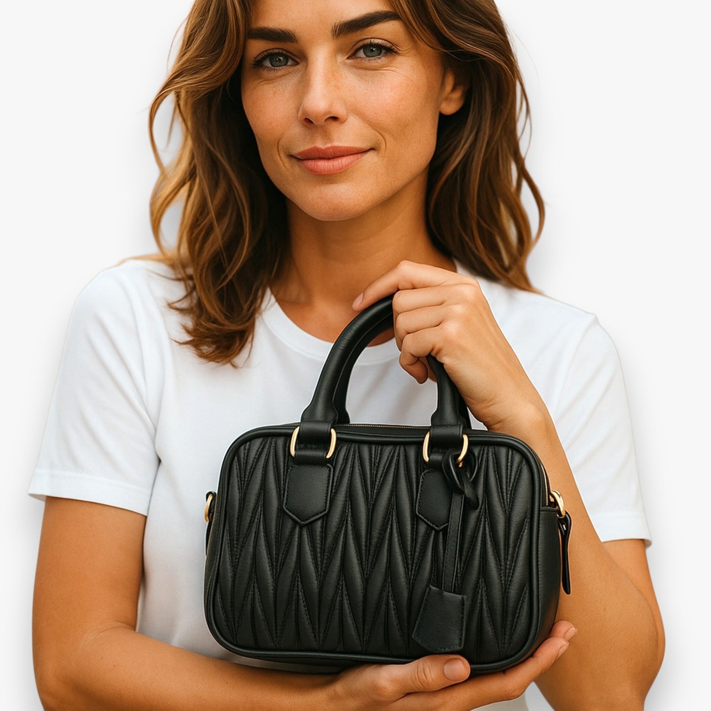 Close-up of a woman carries the top handles of a small black handbag with a quilted pattern.