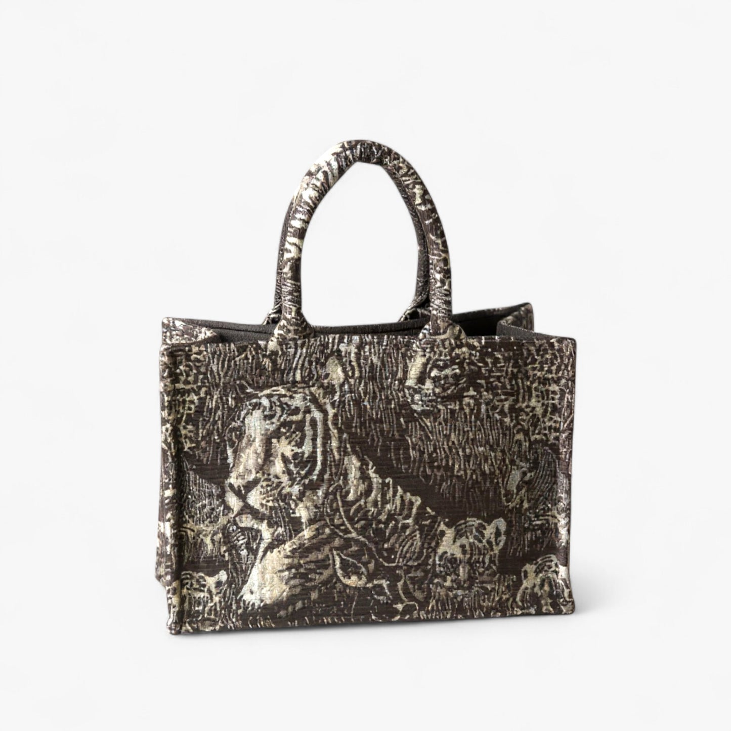 Handcrafted jacquard fabric tote bag with a luxe black and white tiger design.