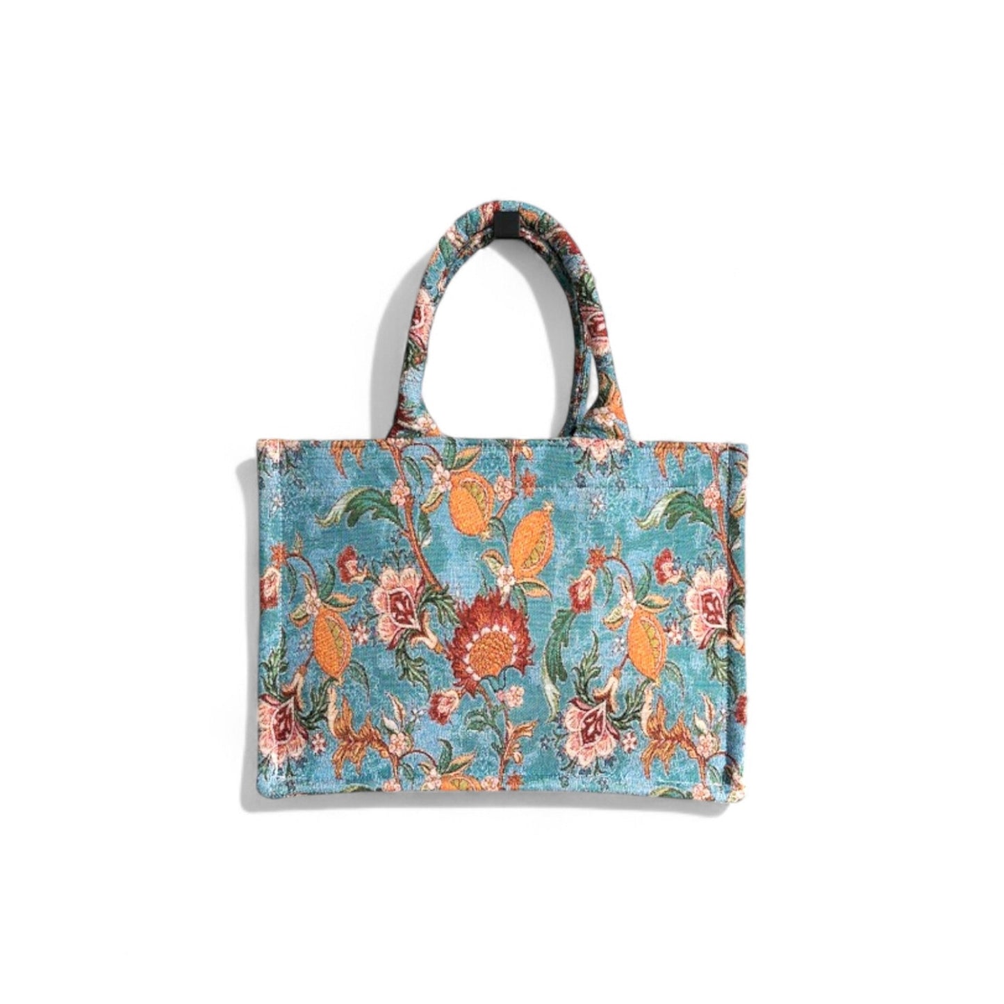 Front view of the Vintage Blue Book Tote, a handmade fabric bag with vintage romantic floral prints.