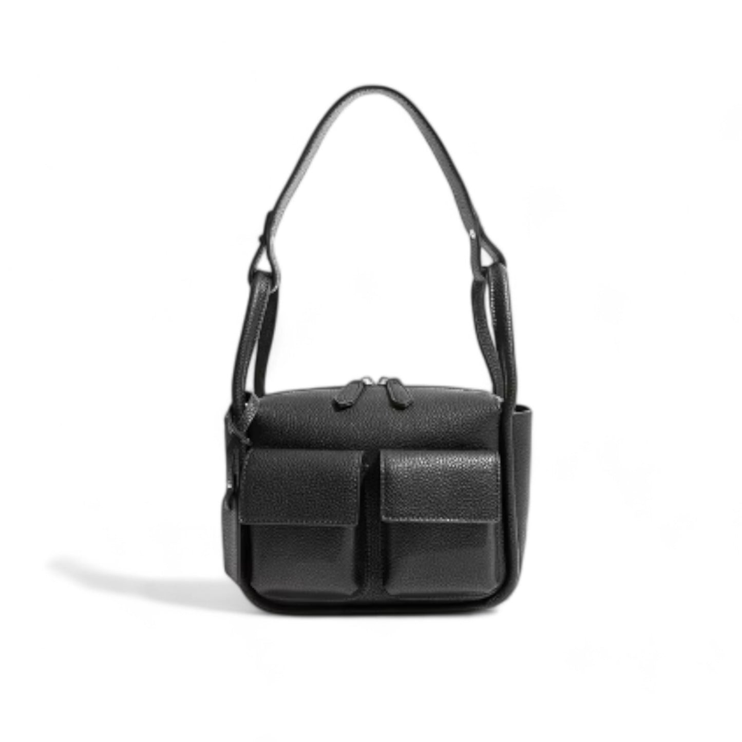 Front view of black faux leather Dougie bag with two front flap pockets, top zip closure, and a detachable short shoulder strap.