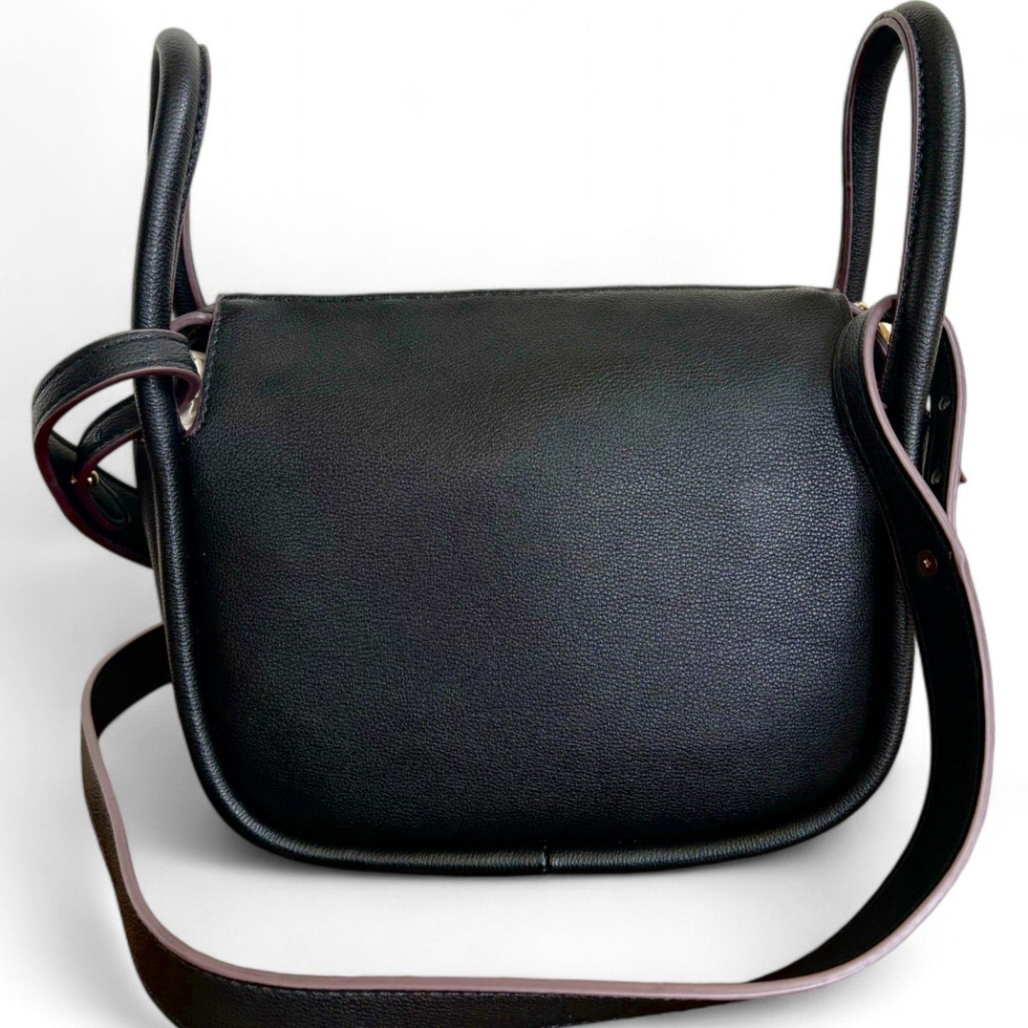 Back view of black grain-textured faux leather Dougie bag with a detachable long shoulder strap.