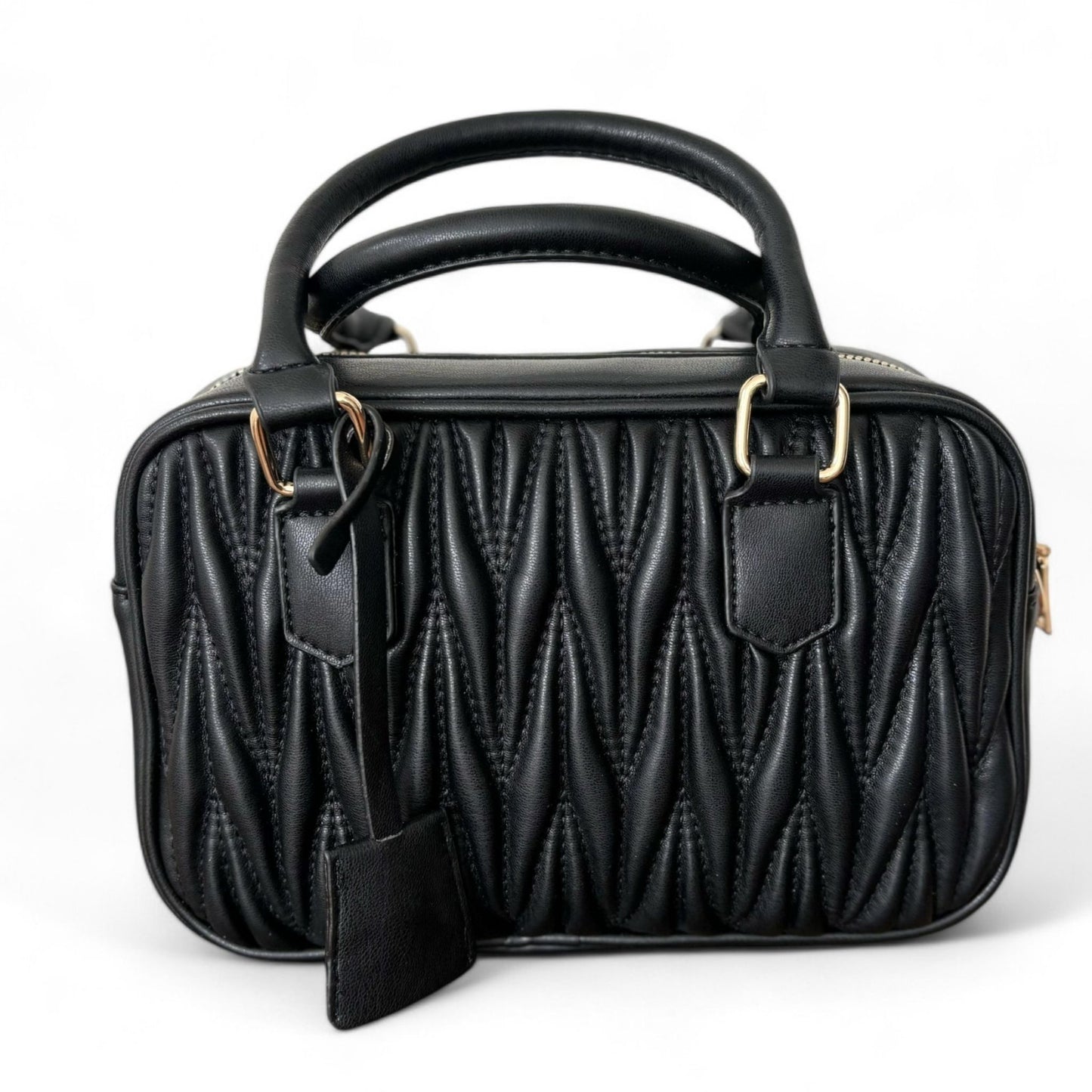 A black handbag with a quilted pattern, featuring gold-tone hardware, double top handles, and a zipper closure.