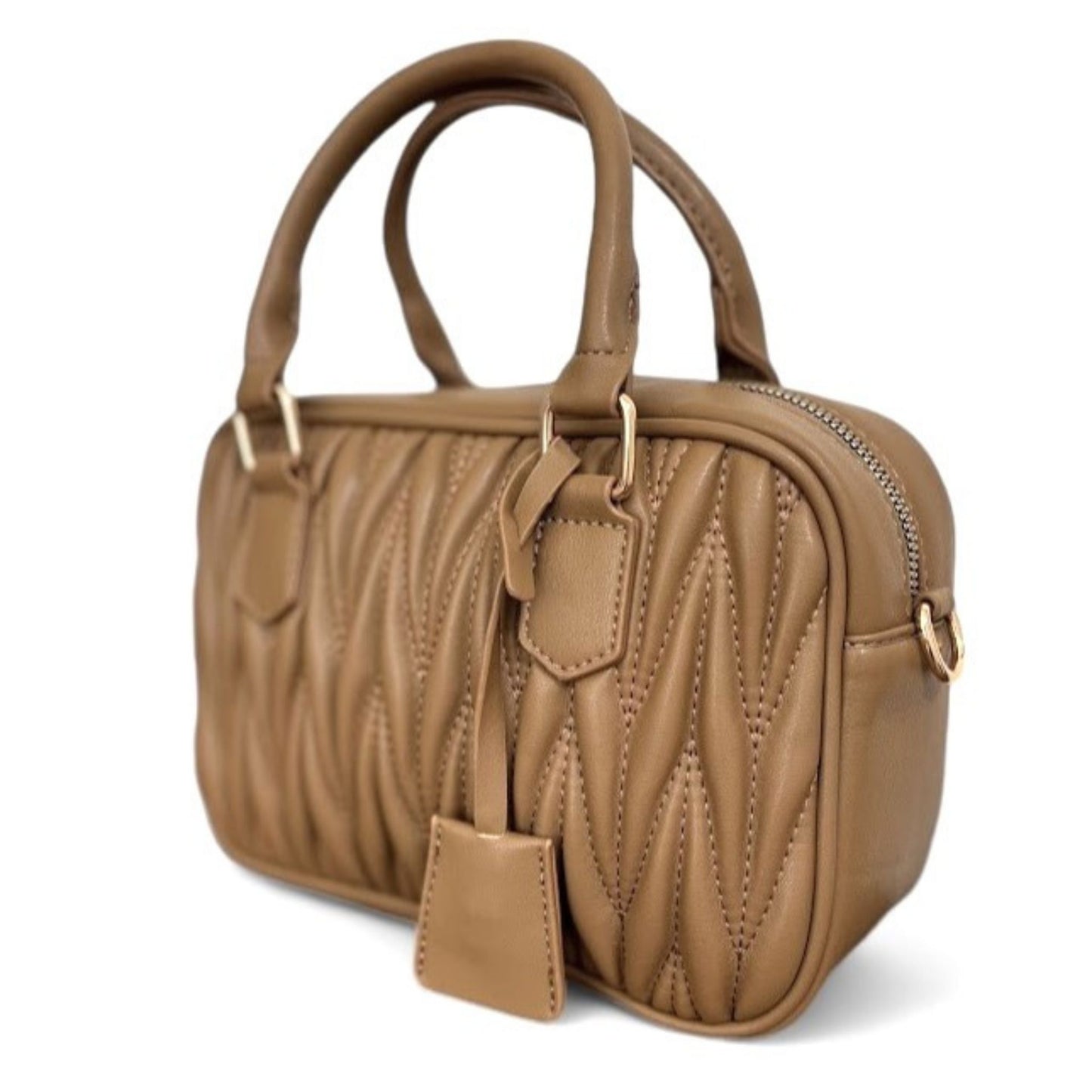 Angled view of a caramel handbag with quilted pattern, gold-tone hardware, and top handles.