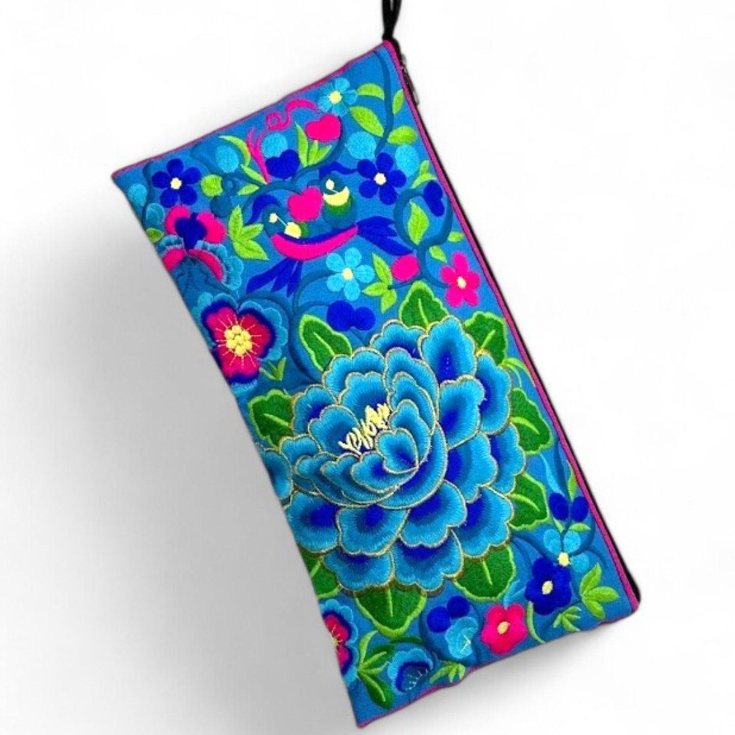 A rectangular bag with embroidered, floral-patterned fabric in blue, pink, and green colours.