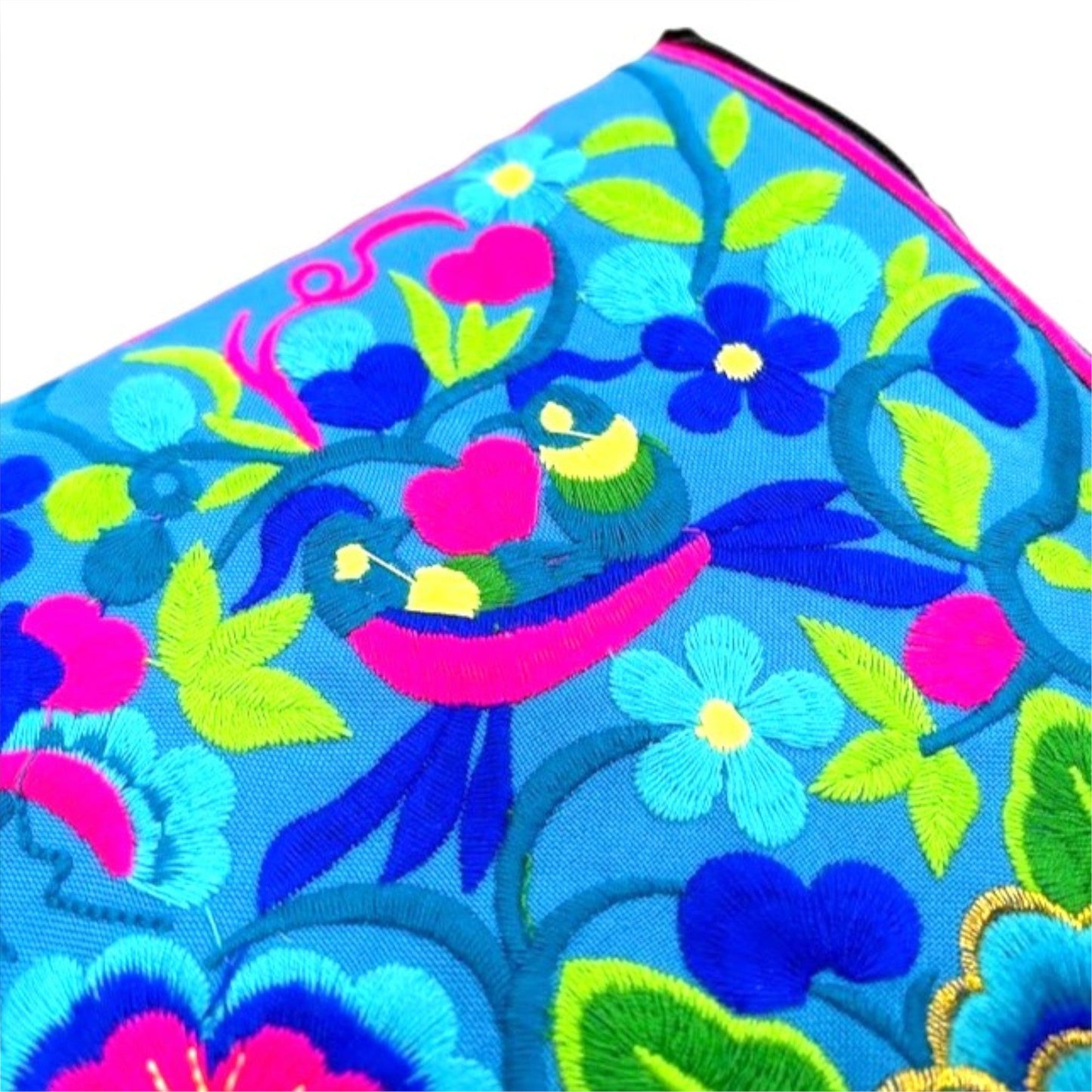 Close-up of an embroidered, floral-patterned fabric with blue, pink, and green colours.