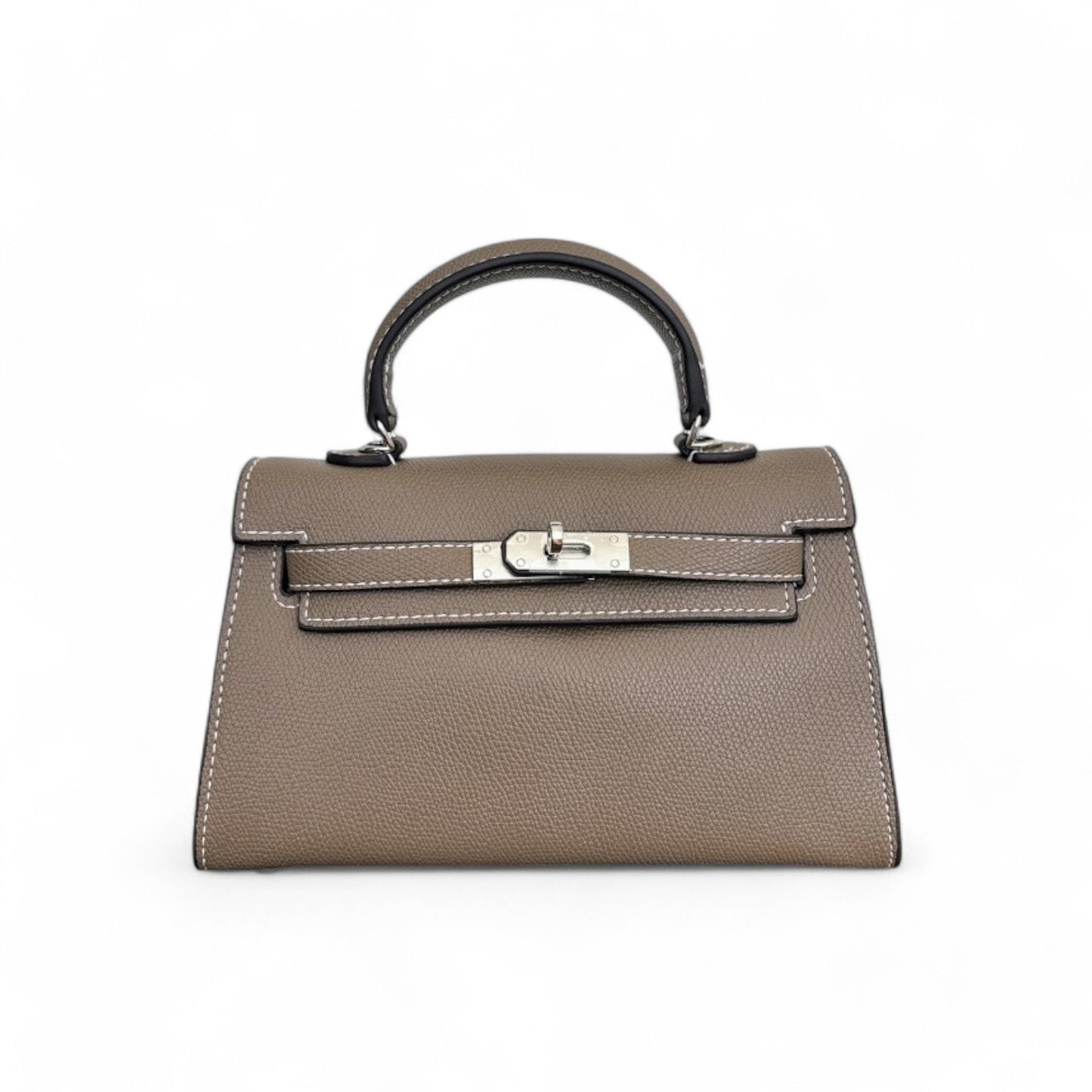 Front view of taupe mini top-handle bag with silver hardware & structured flap closure.