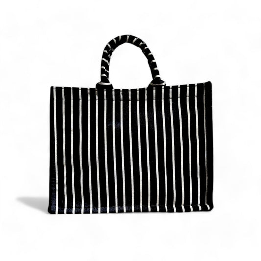 Black and grey stripe maxi book tote bag with double handles, lightweight and spacious design.