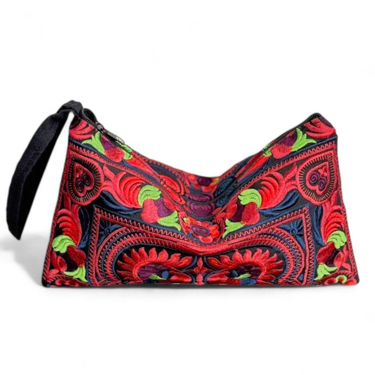 Hmong embroidered wristlet clutch bag with vibrant red bird & flower patterns.