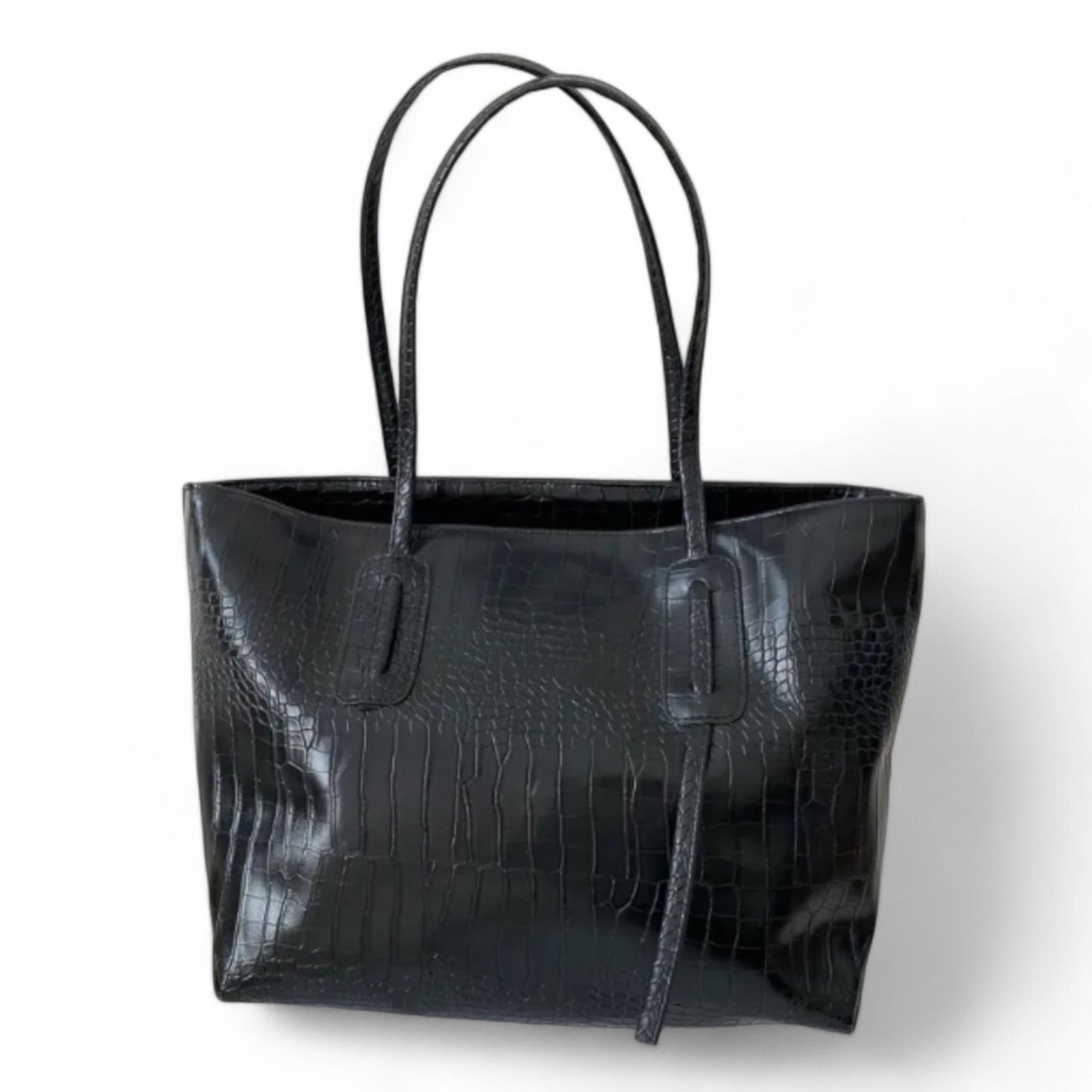 Black croc-textured Janine tote bag with double straps and clean minimalist design.