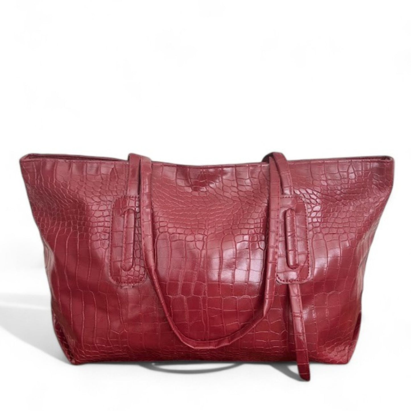 Front view of deep red croc-textured tote bag with shoulder straps & minimalist design.