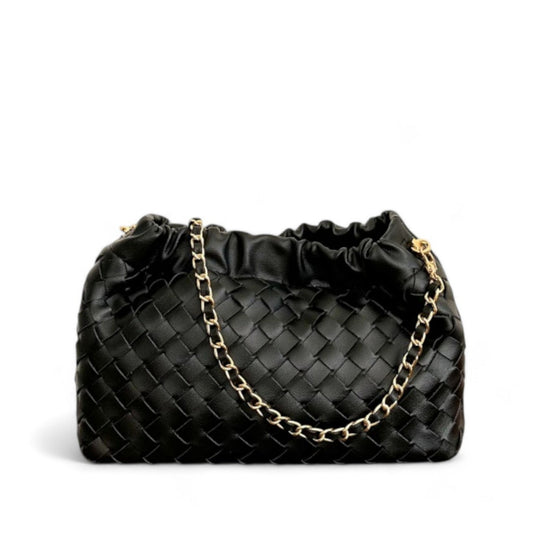 Black woven pattern bags with ruched tops and gold chain strap on white background.