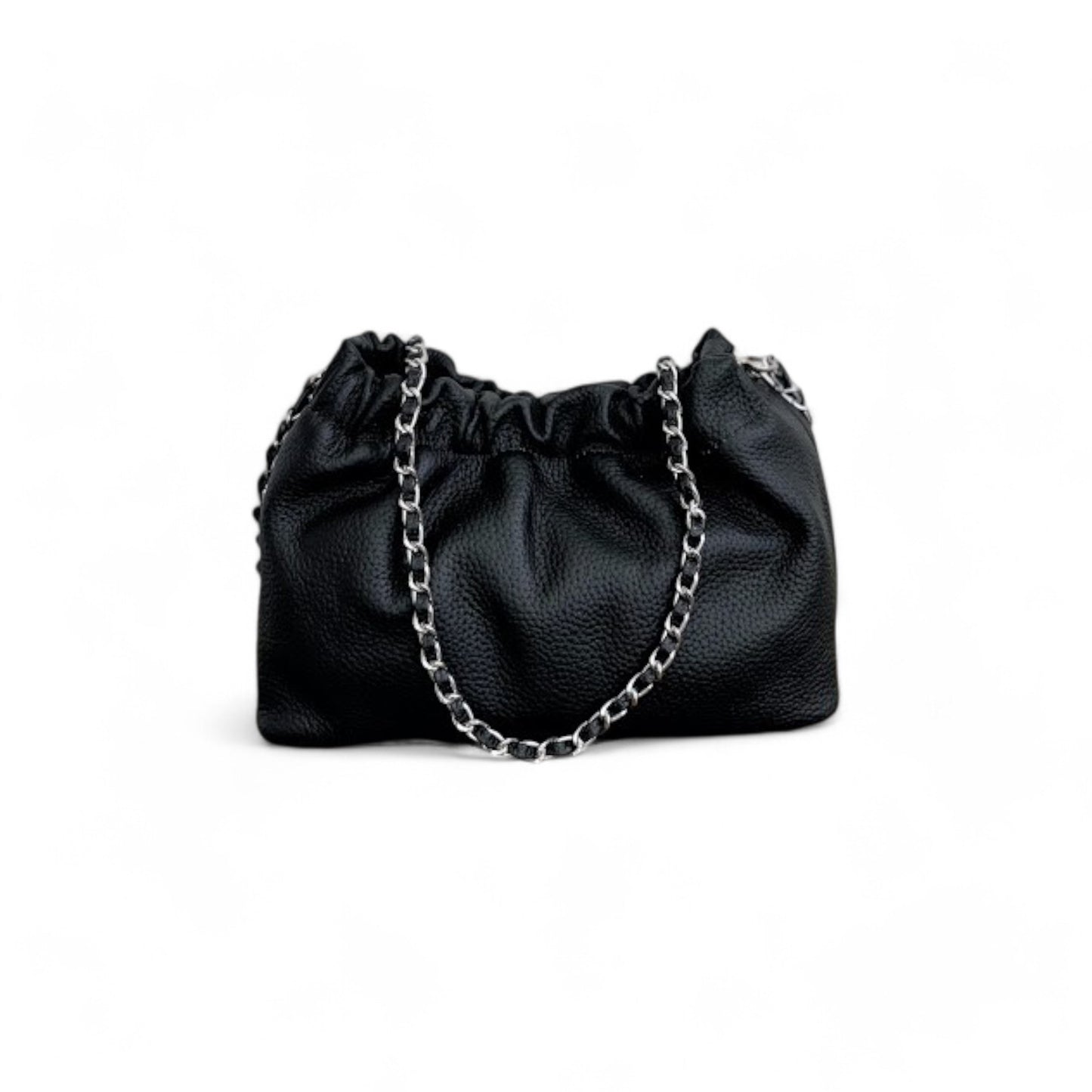 Black leather handbag with top ruched detail and a silver chain strap.