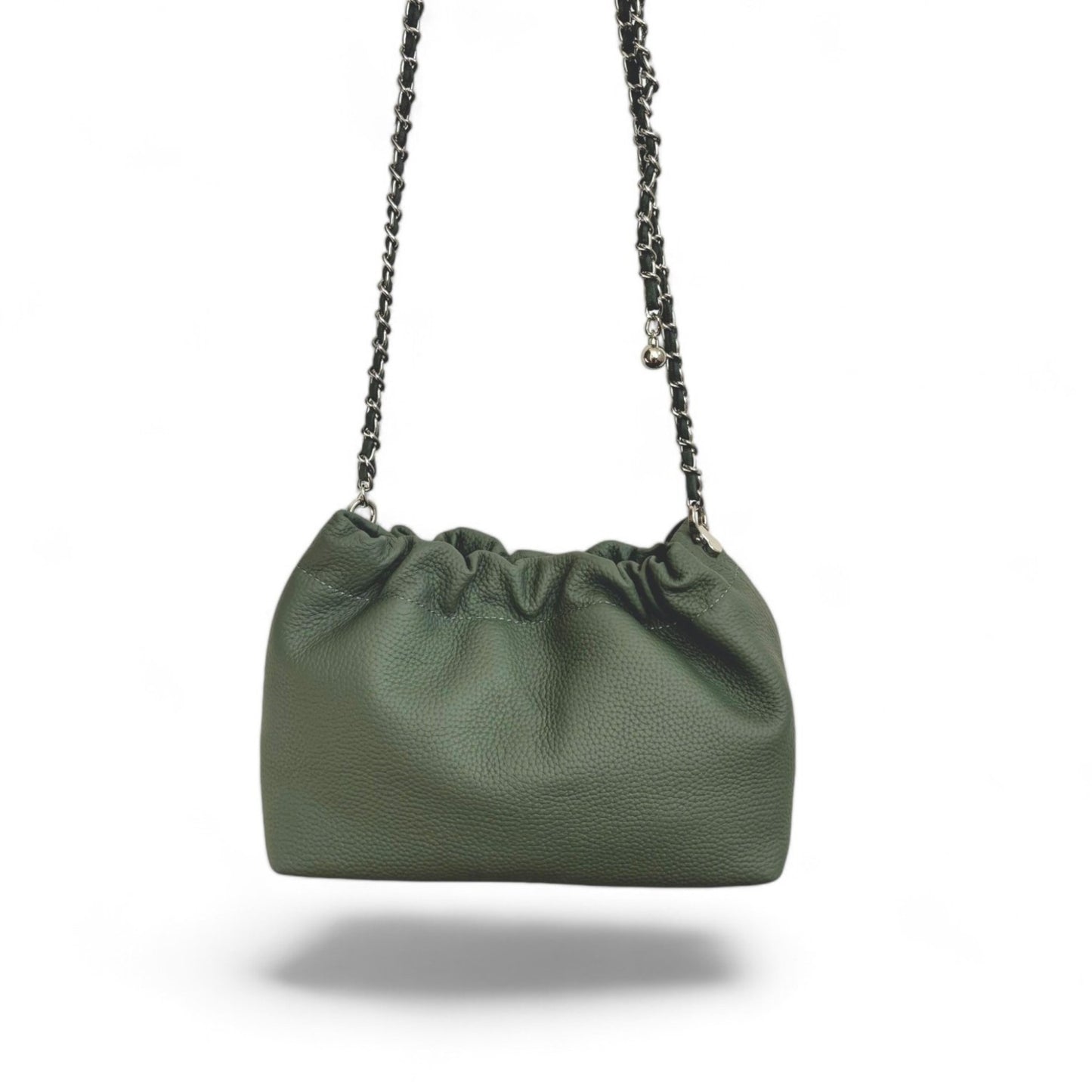 A dark blue leather handbag with a top ruched detail and a silver chain strap.