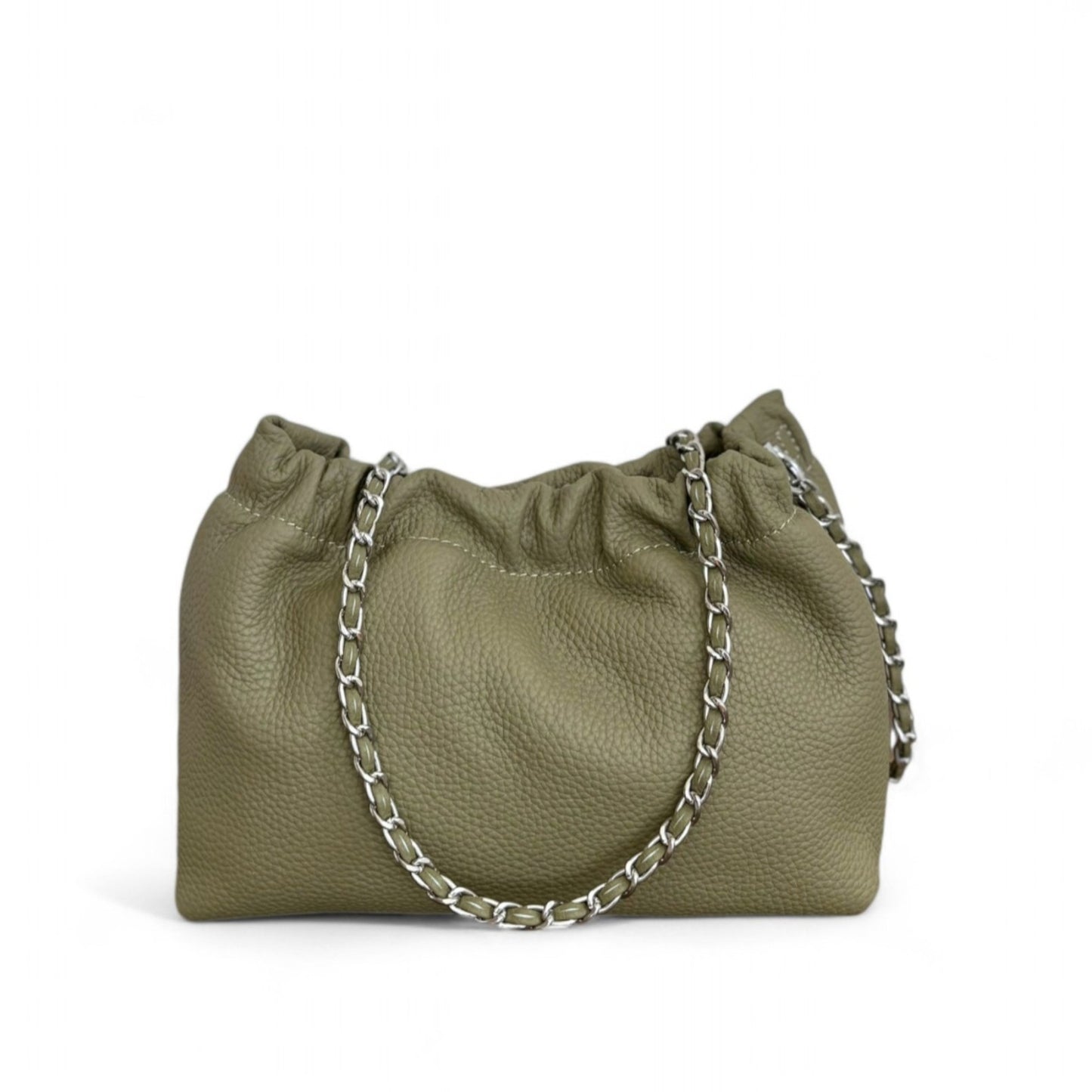 A green leather handbag with a top ruched detail and a silver chain strap.