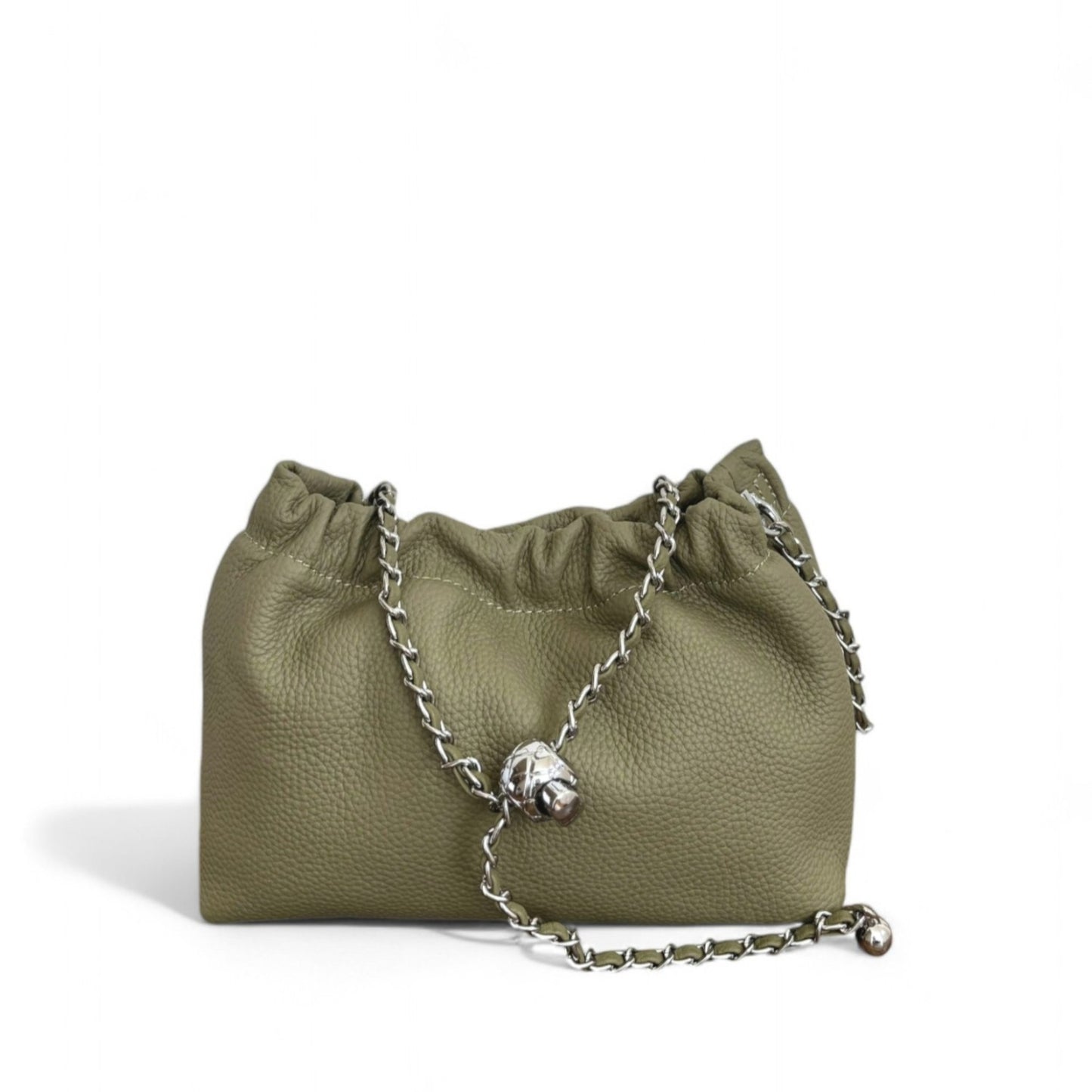 A green leather handbag with a top ruched detail and a silver chain strap.