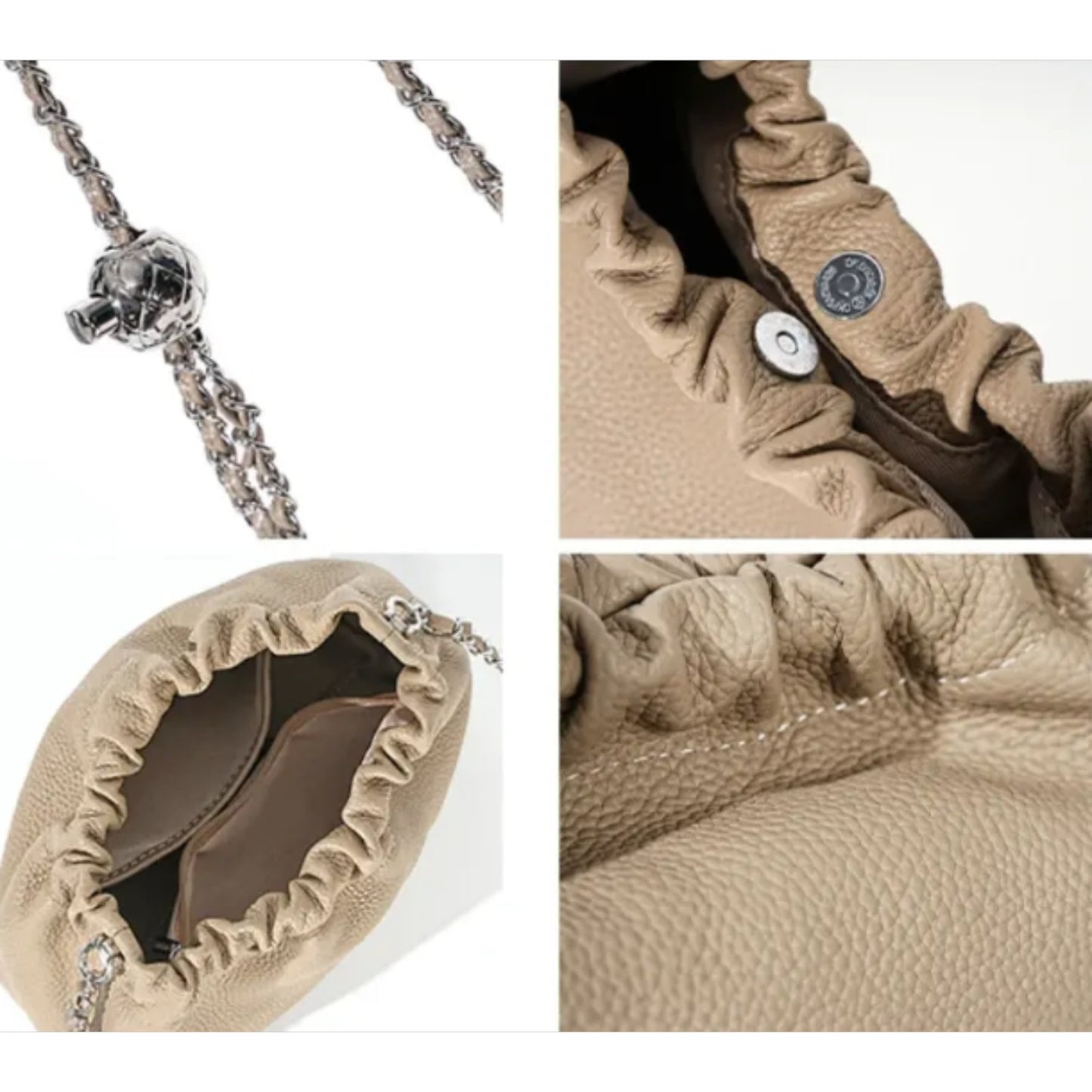 A collage of four images with closeup details of a beige handbag.