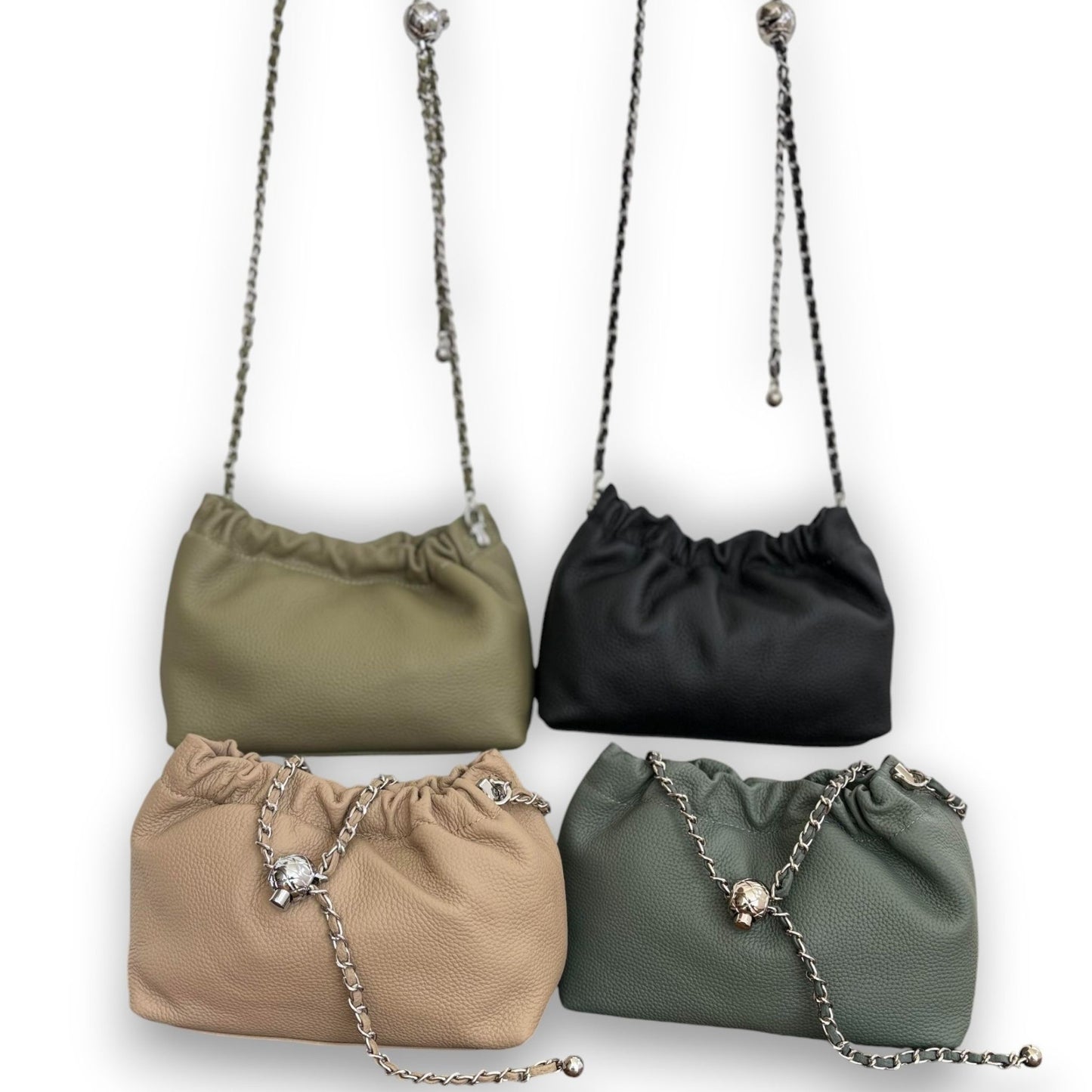 A black, beige, green and dark blue handbags with chain strap displaying in rows of two.