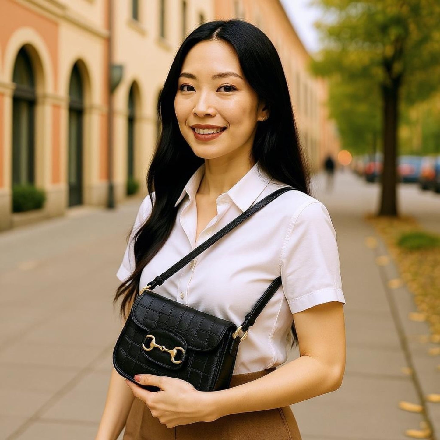 A woman carries a black crocodile-embossed bag with gold horsebit over the shoulder.