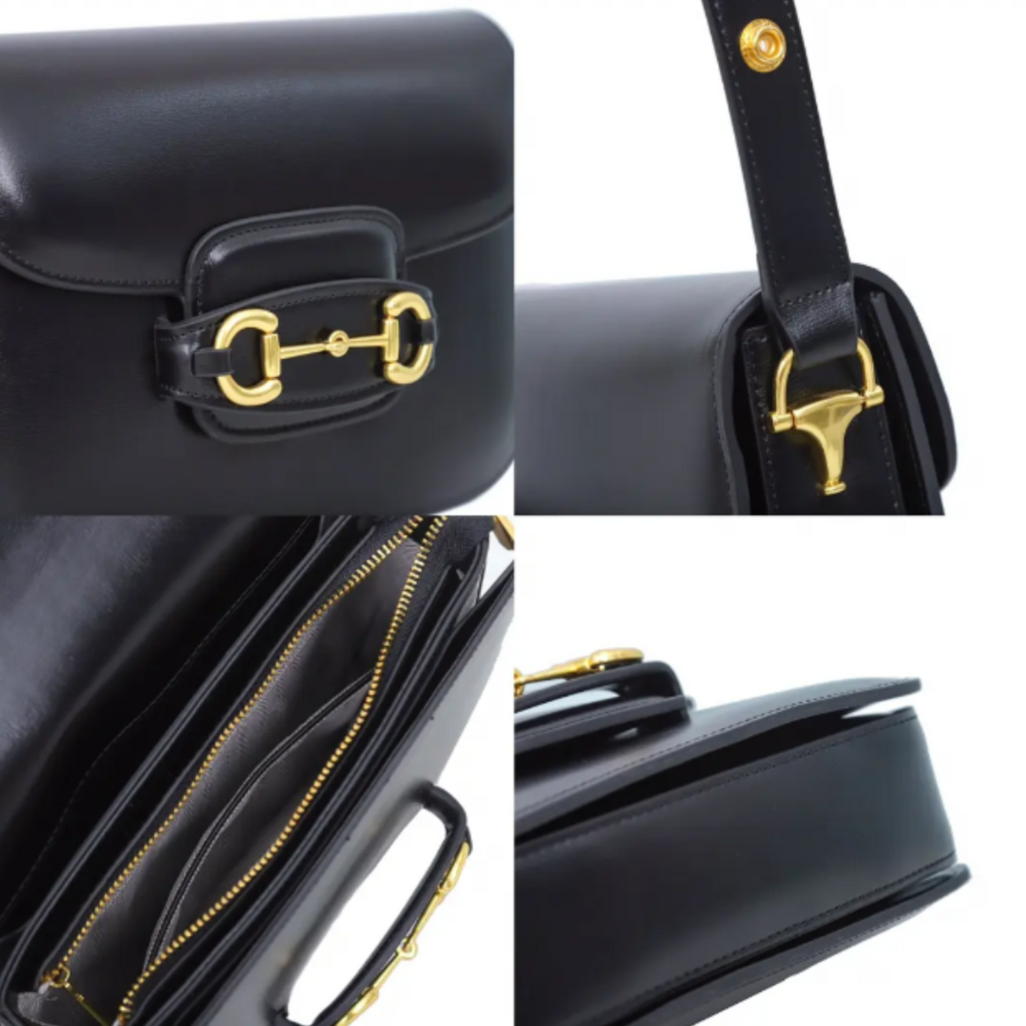 Black handbag with gold hardware shown from four different angles.