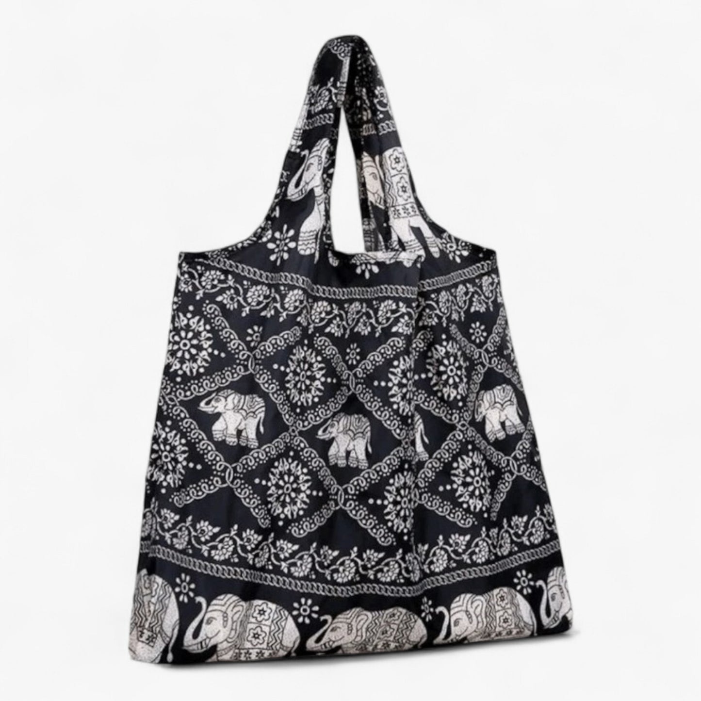 Dark brown everyday tote bag with light brown elephant pattern.