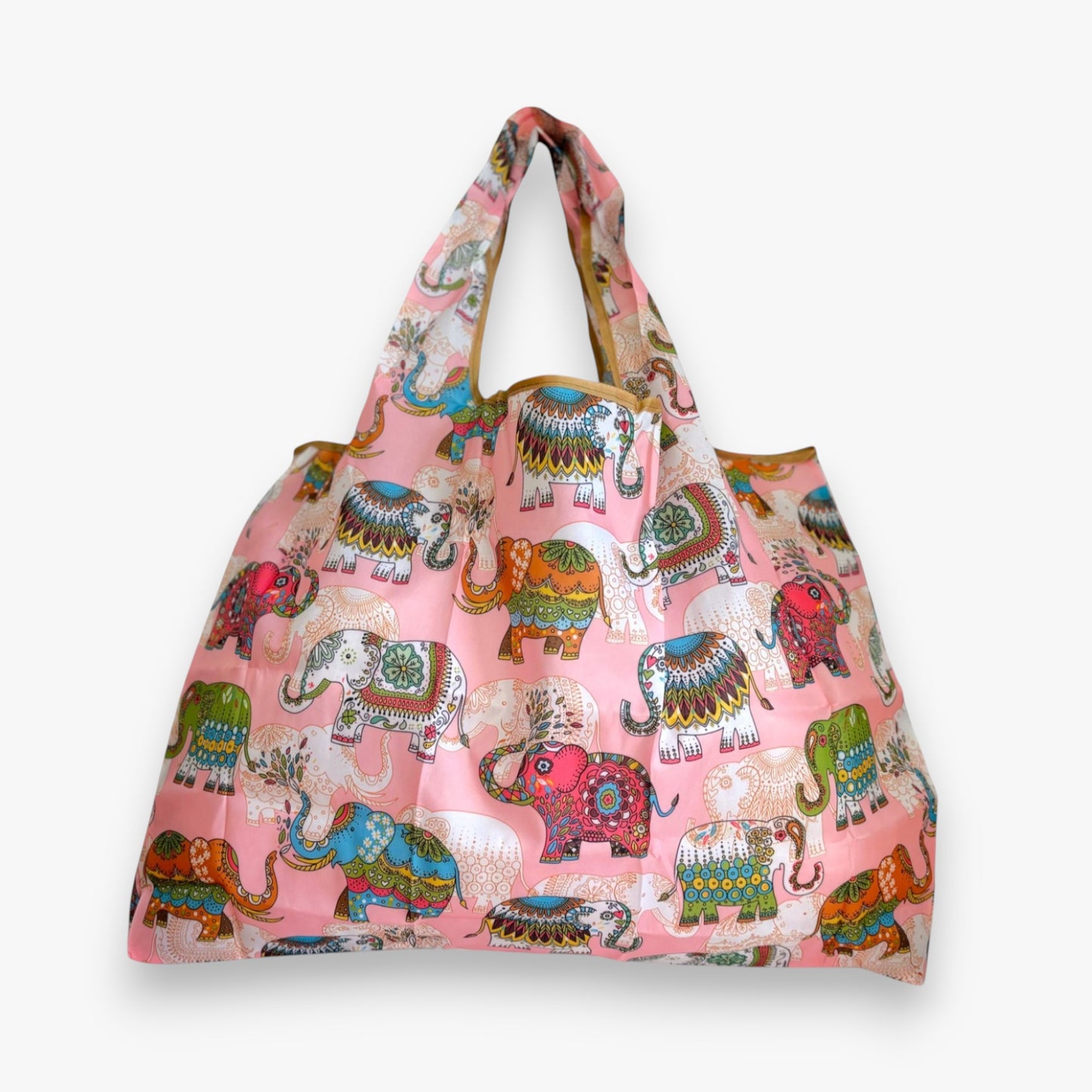 Front view of a pink nylon tote bag with colourful elephant patterns.