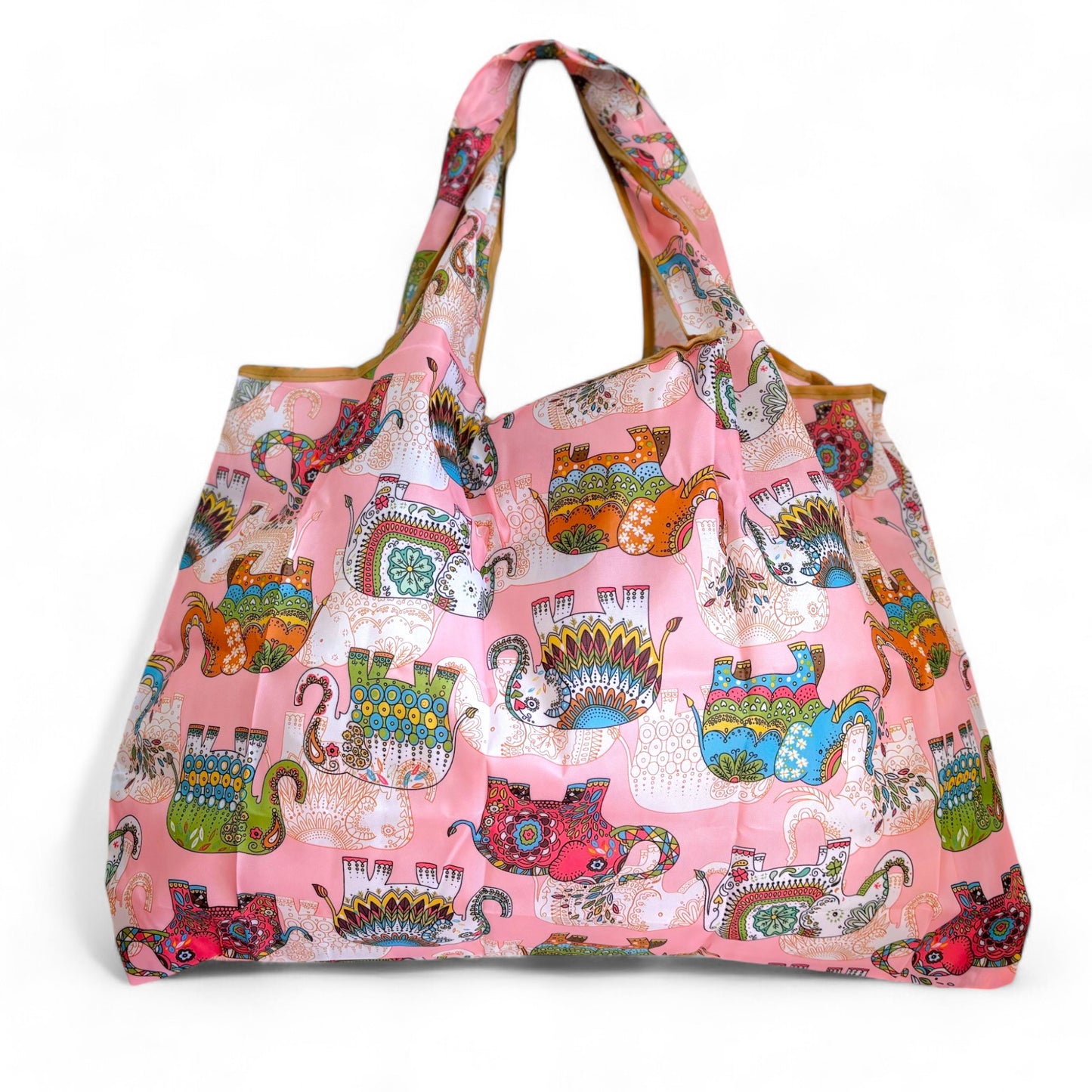 A pink nylon tote bag with colourful elephant patterns in the front view.