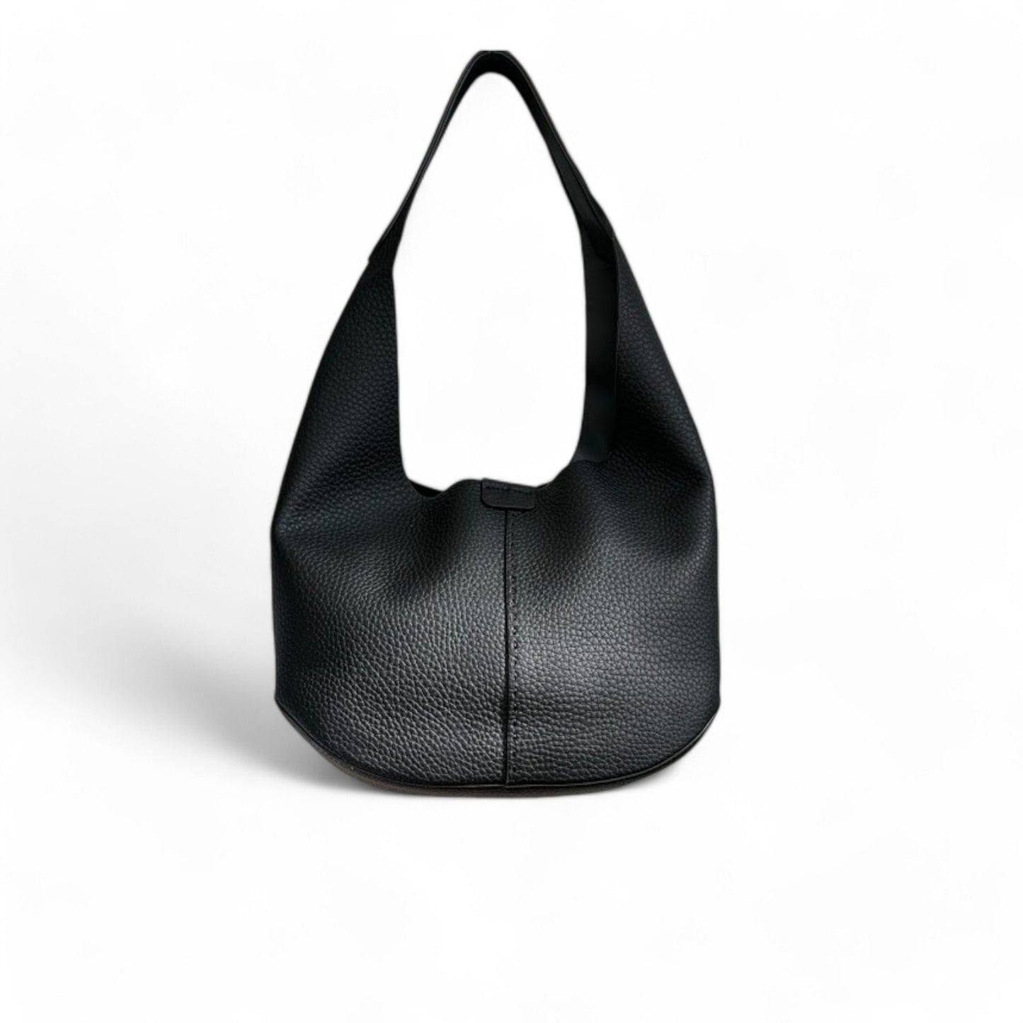 A black single-strap hobo shoulder bag with a front vertical stitching detail.
