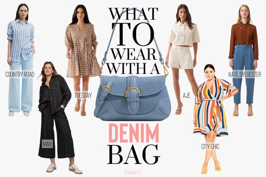 6 womens outfits to wear with a flap-top blue denim handbag.