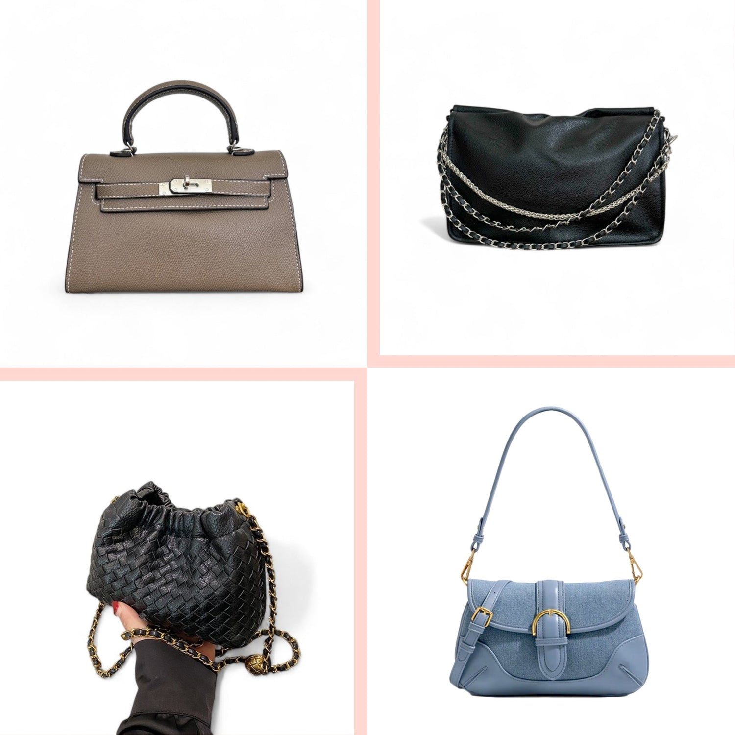 Collage of two black, one taupe and one denim women's bags. Shop all handbag collection at Nancy Bags.