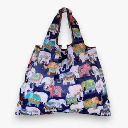 A navy nylon tote bag with a colourful elephant pattern in the front view.