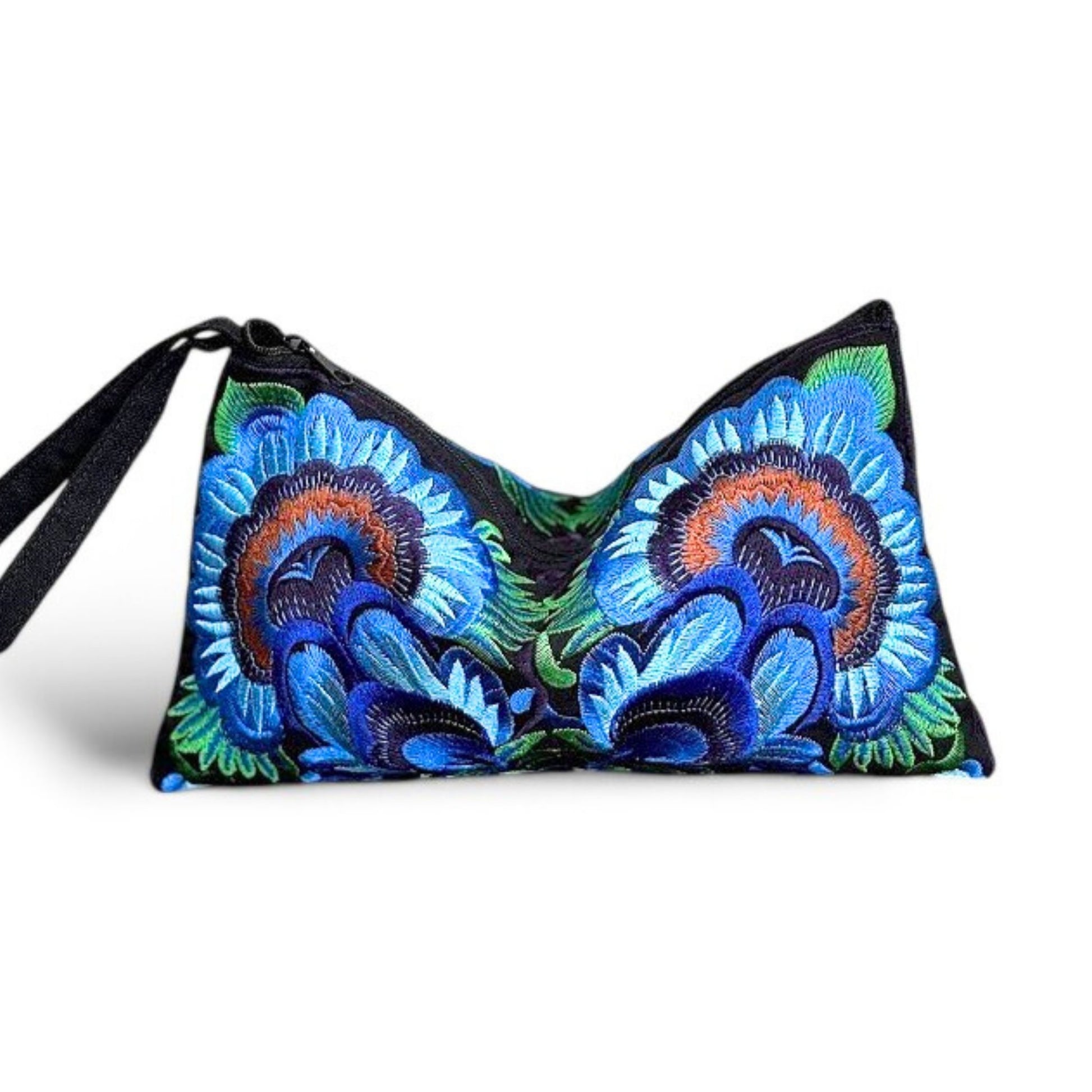 Front view of an embroidered clutch bag with bold blue and green flowers design.