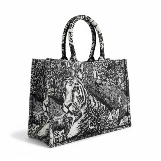 Handcrafted jacquard fabric tote bag with a luxe black and white tiger design.
