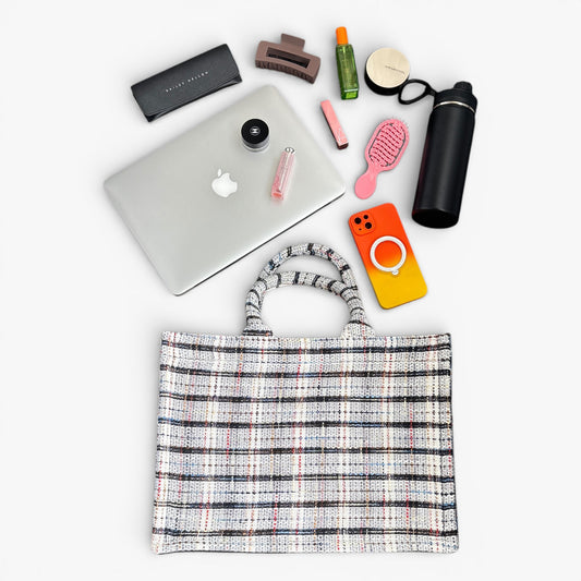 Elegant and timeless tweed fabric book tote bag, practical size for work, study or everyday carry.