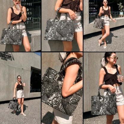 A collage of six photos of a model posing with a tote bag with wild animal print on jacquard fabic.