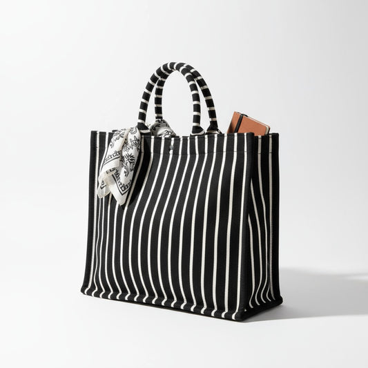 A large black and white striped tote bag with a notebook and a scarf tied to its handle.