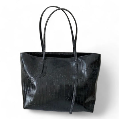 Black croc-textured Janine tote bag with double straps and clean minimalist design.