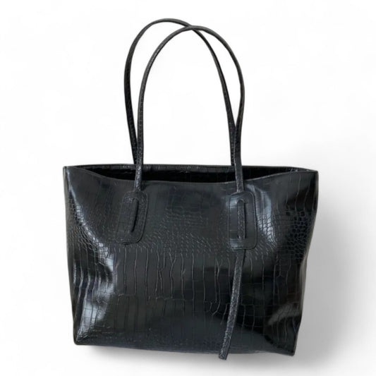 Black croc-textured Janine tote bag with double straps and clean minimalist design.