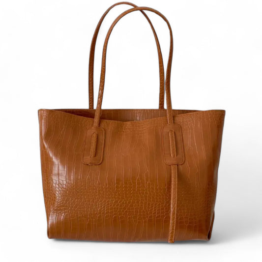 A minimalist tan brown tote bag with a crocodile-textured finish and double straps.