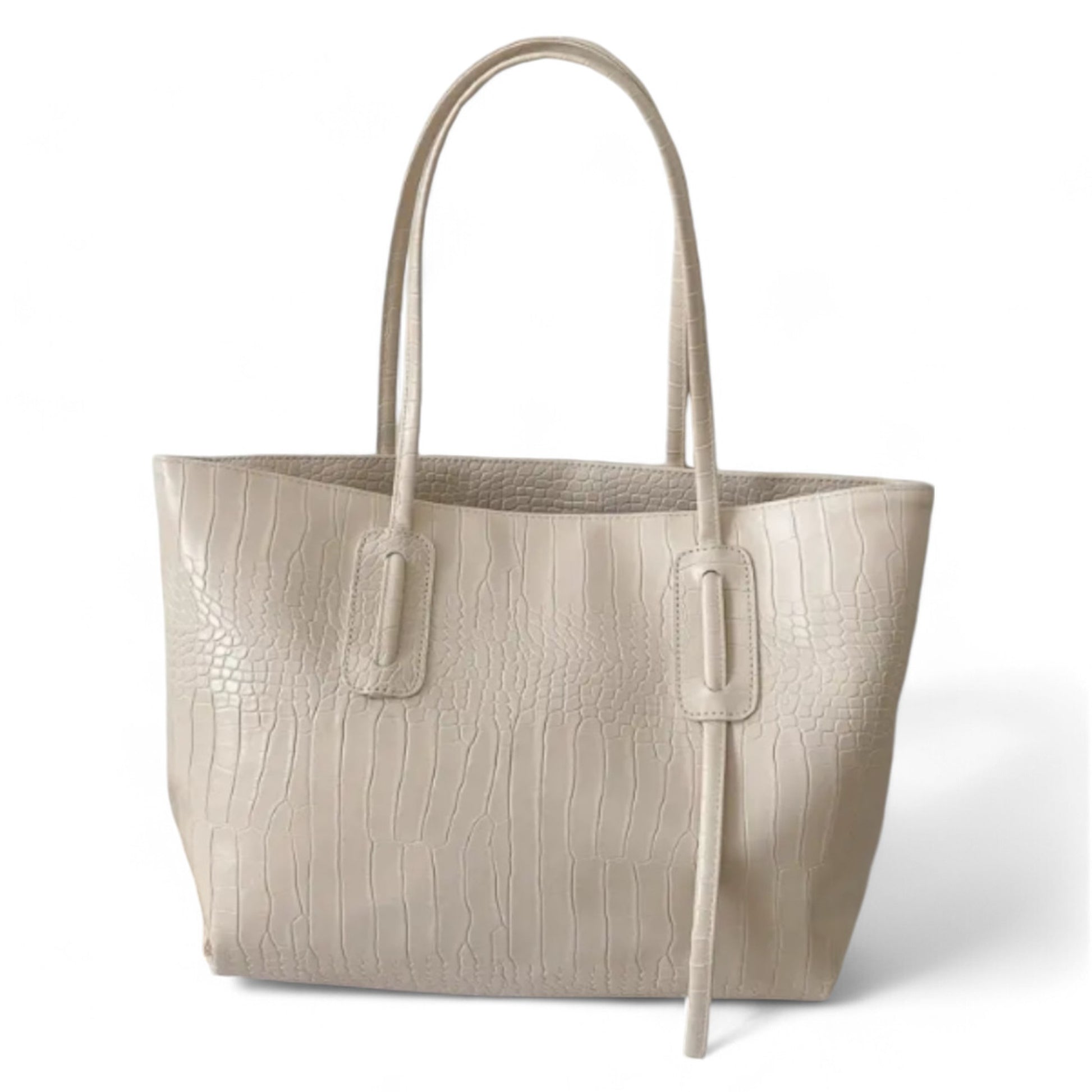 Off-white croc-textured Janine tote bag with double straps and clean minimalist design.