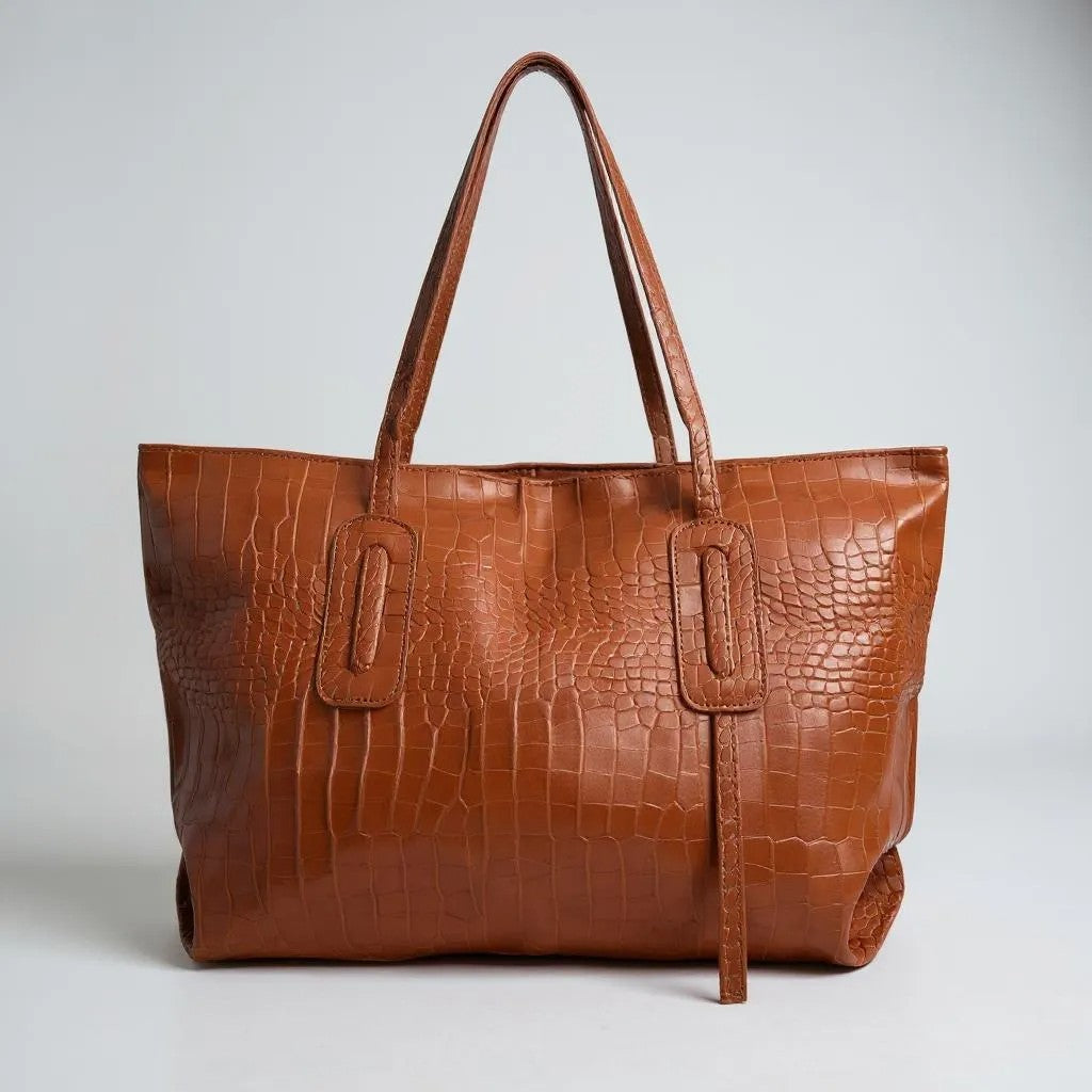 A brown crocodile-embossed vegan leather tote bag, wide and spacious everyday shoulder bag design.