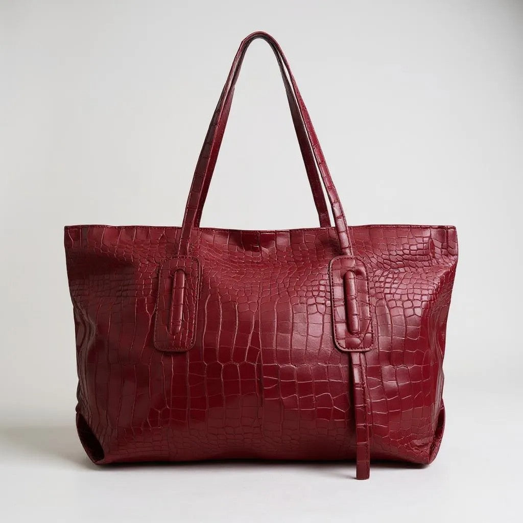 A deep red premium PU crocodile-embossed spacious tote bag, elegant and versatile accessory.