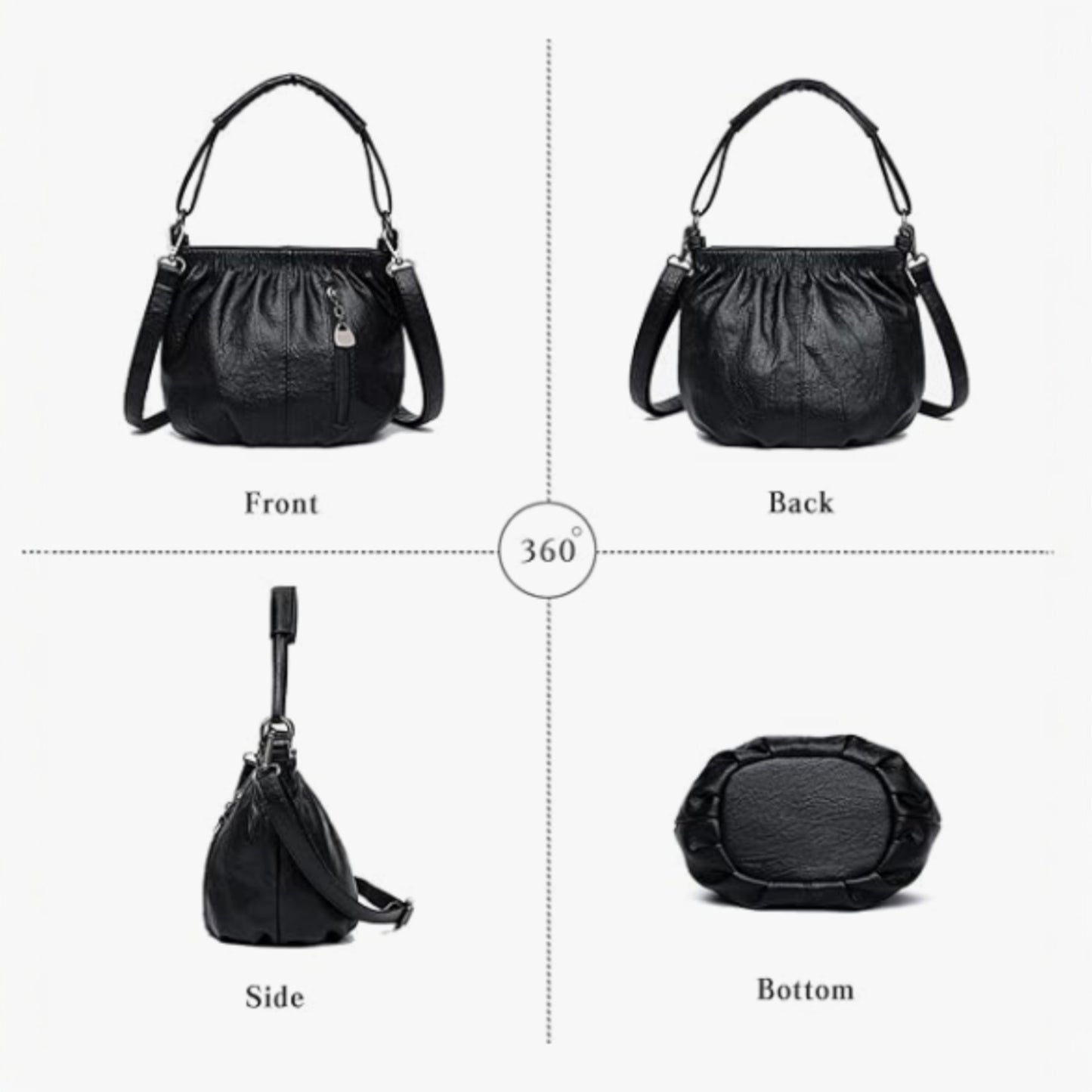 Four images of a black handbag showing front view, back view, side view and bottom view.
