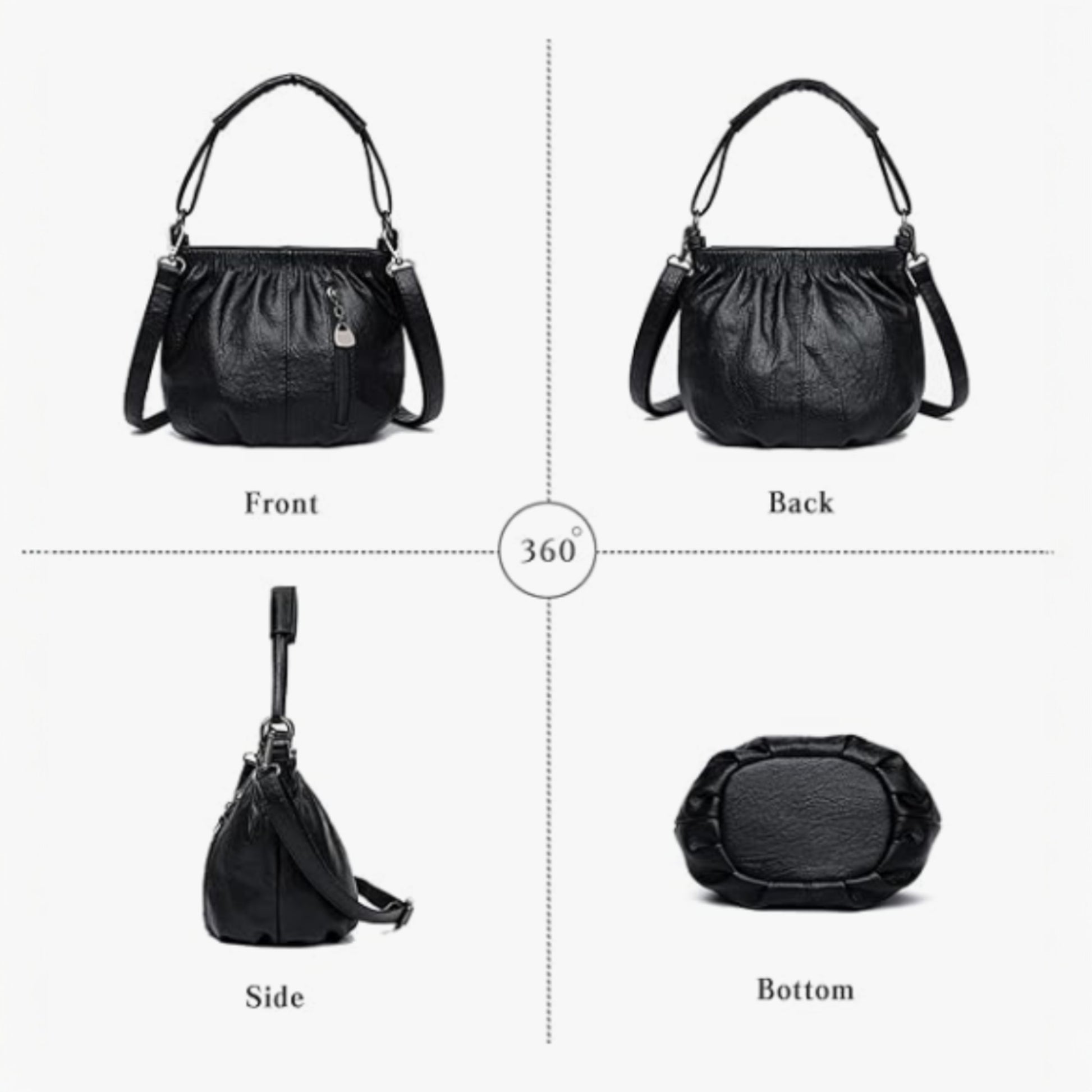 Four images of a black handbag showing front view, back view, side view and bottom view.