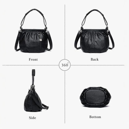 Four images of a black handbag showing front view, back view, side view and bottom view.