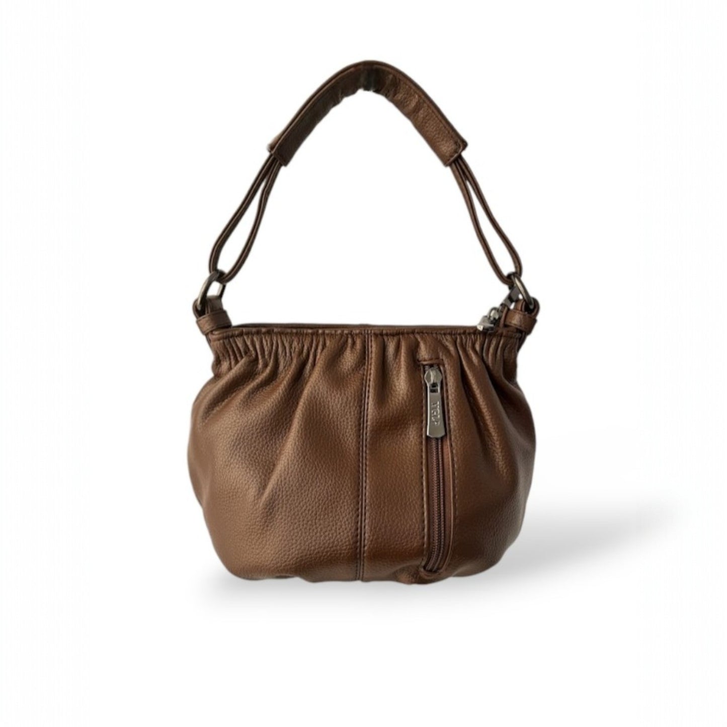 Front view of a coffee pleated bucket handbag with a top handle. 