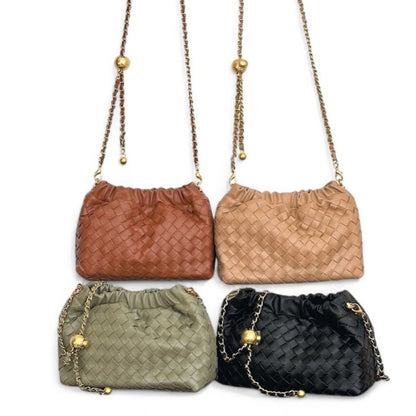A black, brown, sage and tan ruched-top woven bag with gold chain showing side by side.
