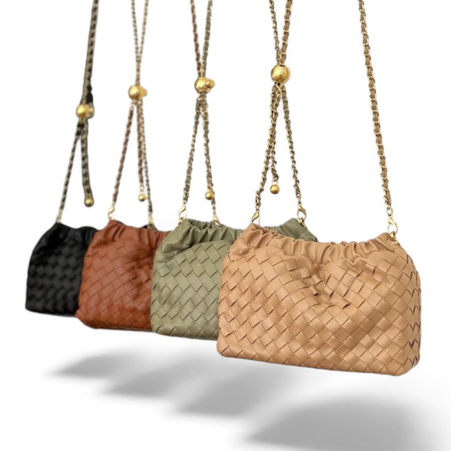 A row of woven pattern bags in black, brown, sage, and tan, featuring ruched tops and gold chain strap.