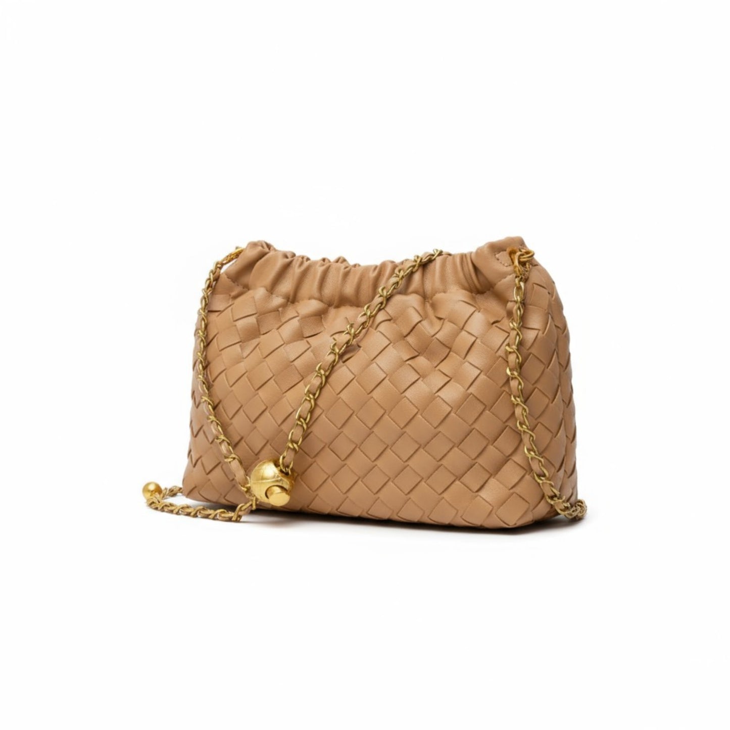 Close-up of a tan hand-woven bag featuring a ruched top and an adjustable gold chain shoulder strap.