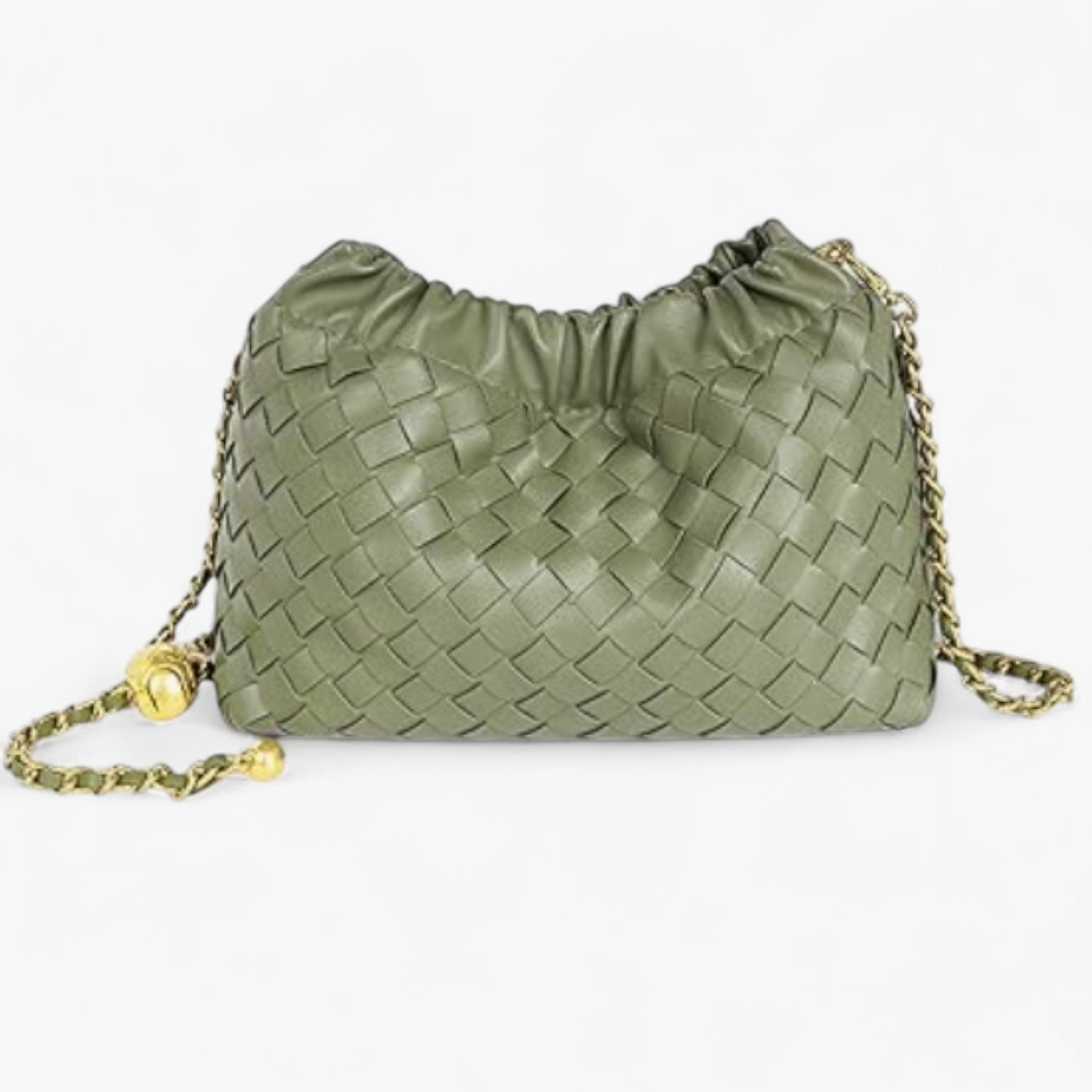 Close-up of a small Intrecciato-style green handbag featuring a ruched top and gold chain shoulder strap.