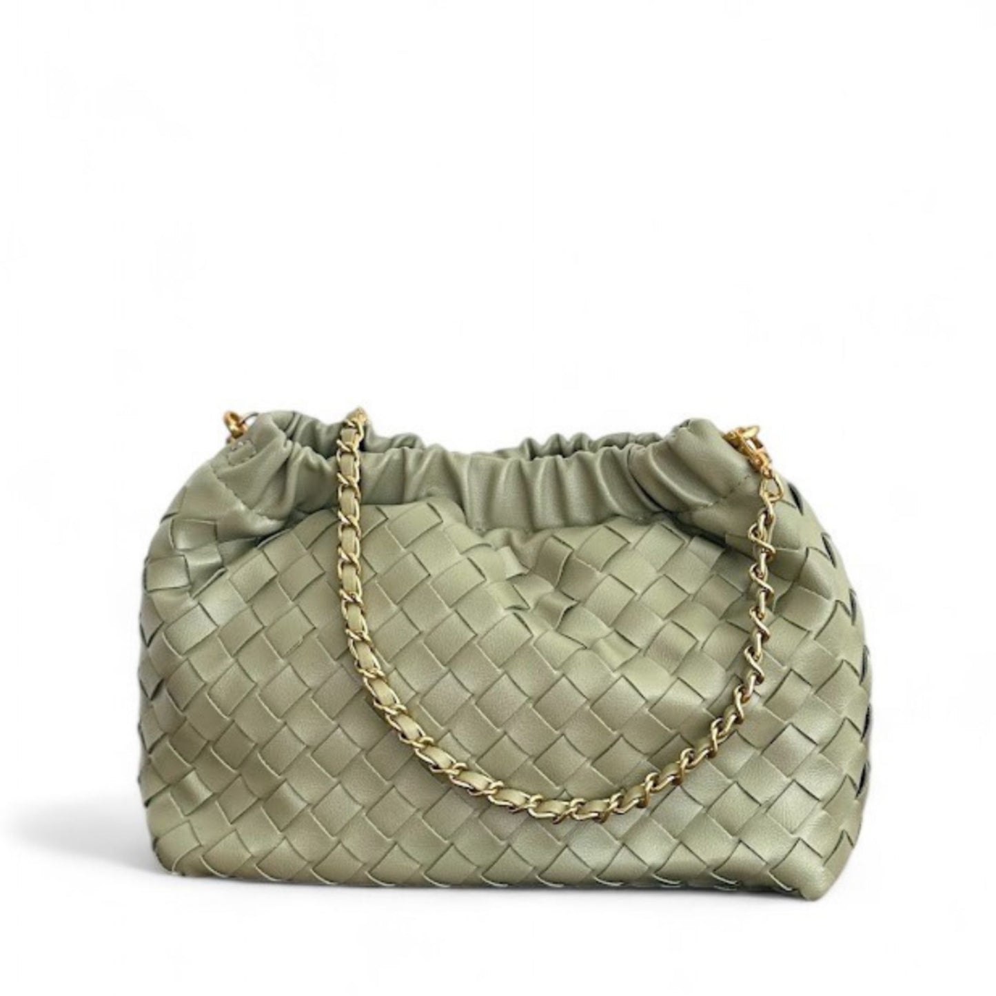 Sage woven pattern bags with ruched tops and gold chain strap on a white background.